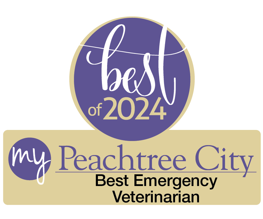 Logo reading "Best of 2024" with "my Peachtree City Best Emergency Veterinarian" on a beige and purple background.