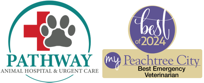 Logos for Pathway Animal Hospital & Urgent Care and My Peachtree City Best of 2024: Best Emergency Veterinarian. The first logo includes a paw print and red cross; the second highlights an award recognition.