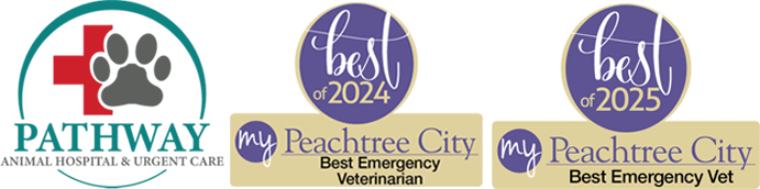 Logos for Pathway Animal Hospital & Urgent Care and two award badges reading “Best of 2024” and “Best of 2025” for Best Emergency Veterinarian and Best Emergency Vet in Peachtree City.